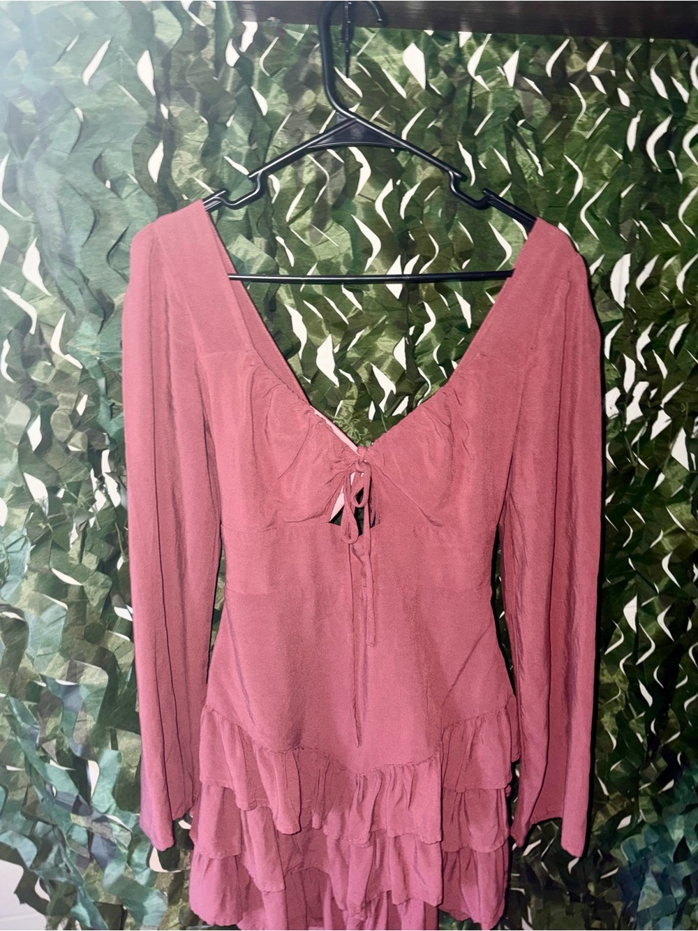 Long-Sleeve Ruffle Tiered Dress in Dusty Rose